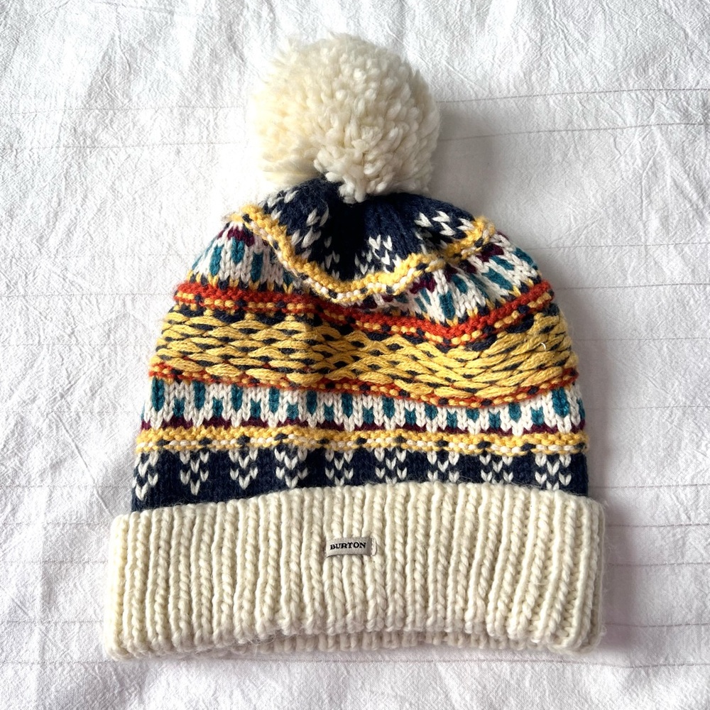 Burton Cream Cuff Pom Beanie with Yellow, Navy & Teal Fair Isle
